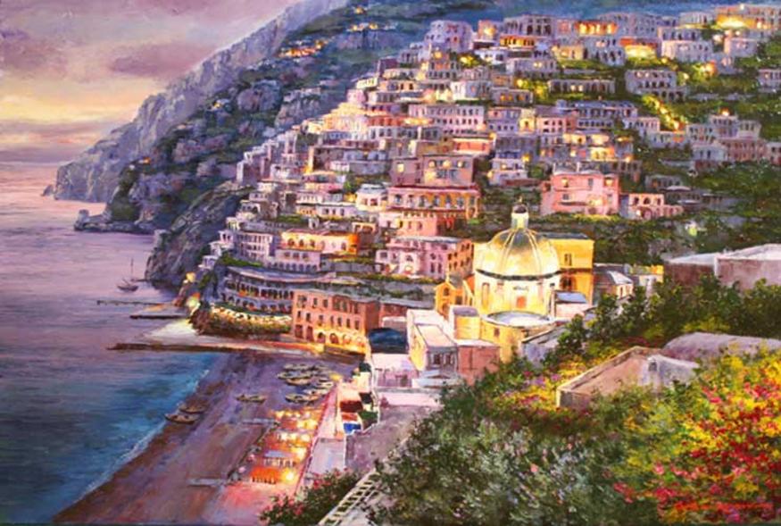 positano twilight painting - Leroy Neiman positano twilight art painting